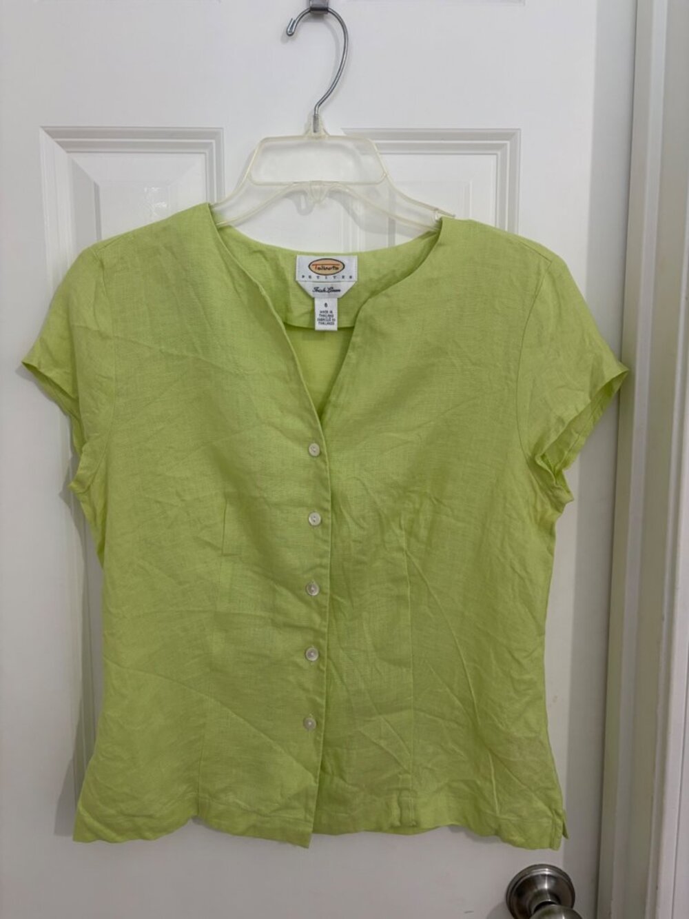 Talbots Petites 6P Irish Linen Blouse Lime Green Short Sleeve